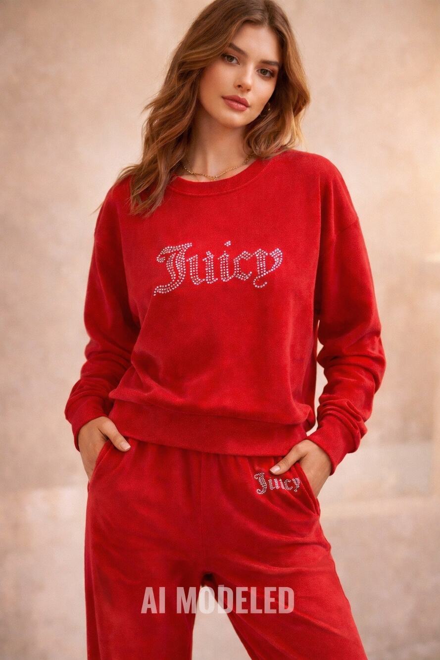 Juicy Couture Red Velour Lg Sl Pullover & Jogger Set Rhinestone Logo Y2K XL NWT